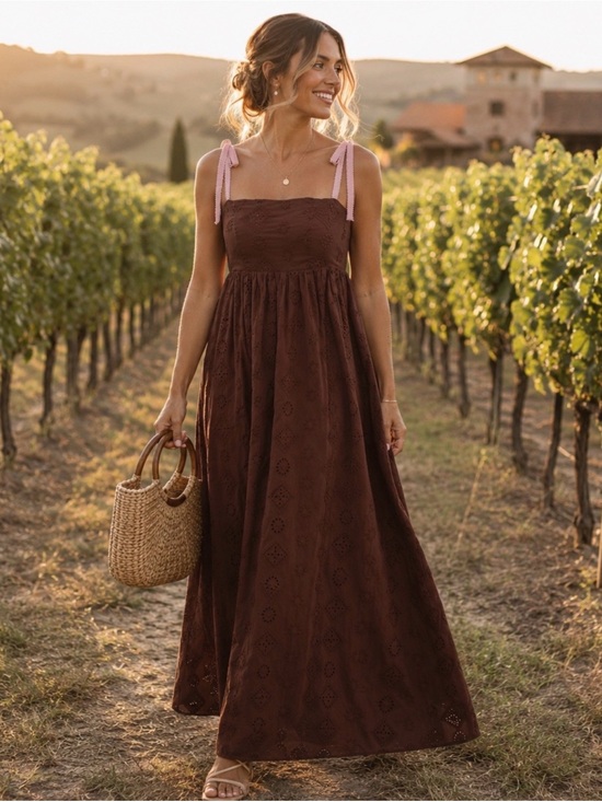 Petal & Pup Dresses & Skirts - Petal & Pup Odessa Cotton Eyelet Maxi Dress Brown Tie Strap Pockets